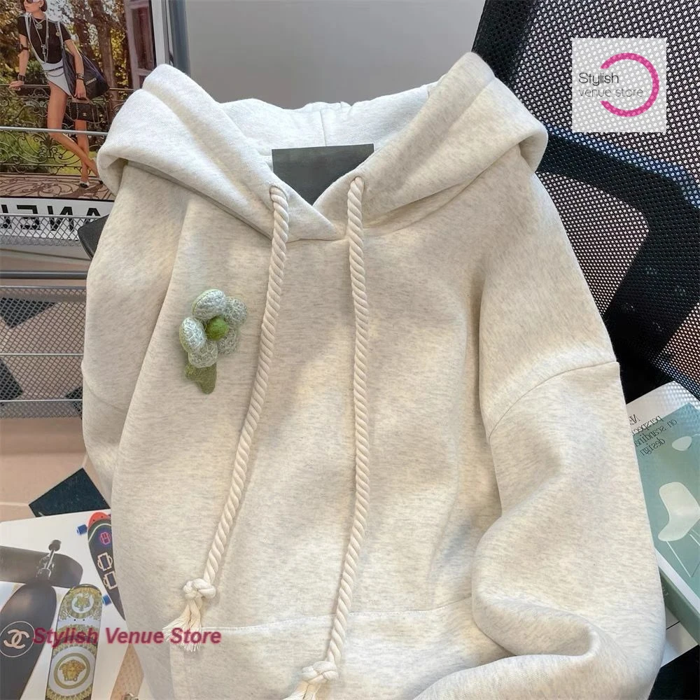 American retro design sense gray trend three-dimensional flower hooded sweater female autumn and winter Korean loose Joker coat