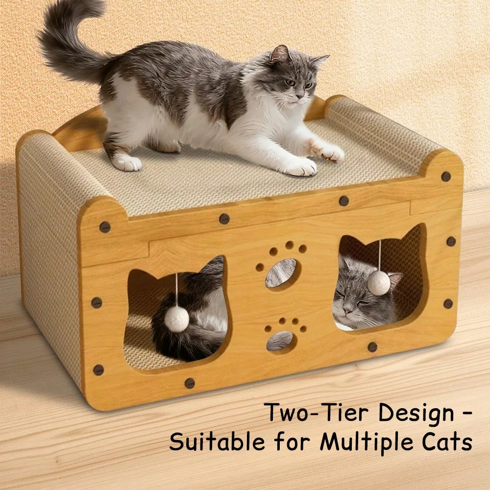 Luxury Double-Level Cat Scratching Board - Durable Corrugated Cardboard Cat House With Indoor Bed And Paw Care Station - Easy Assembly, Pet Toys, Hiding House.