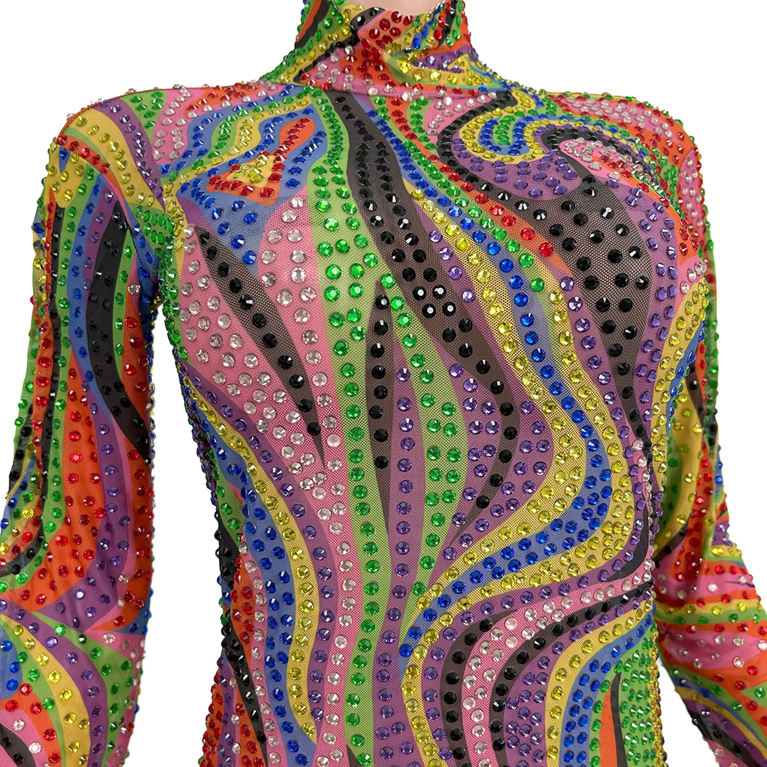 

Sexy Long Sleeves Colorful Stripes Diamond Jumpsuit Women Rhinestone One Piece Bodysuit Party Rompers Stage Performance Outfit