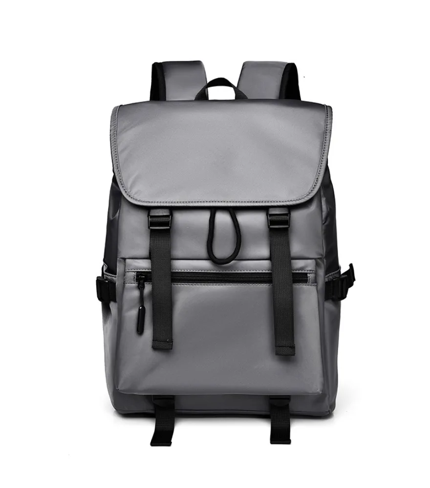 Gray waterproof flap backpack dual front buckle straps middle drawstring design single front horizontal zipper dual side buckle