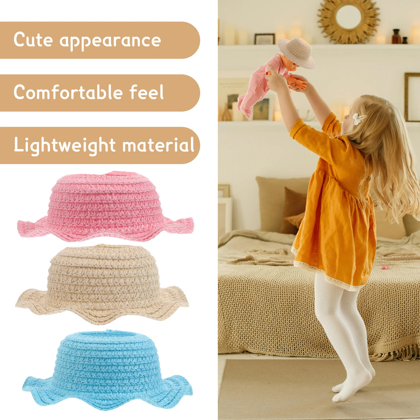 Chapeaux de paille au Crochet faits à la main, 3 pièces, Mini chapeaux de Protection solaire légers à dessus ouvert pour accessoires de déguisement de 17cm, chapeau au Crochet