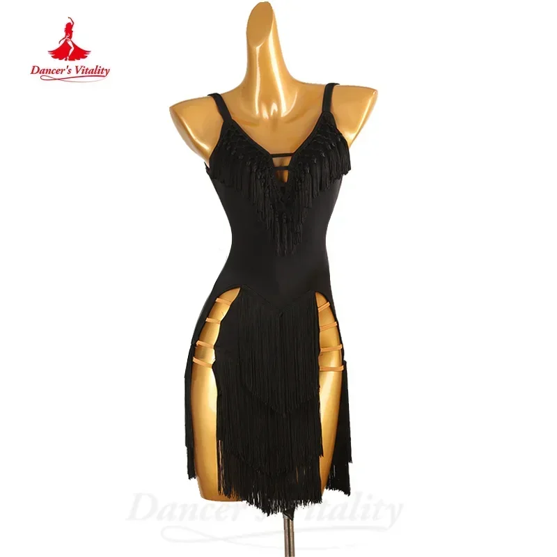 

Latin Dance Professional Practice Clothing Customized Sexy Black Tassel Split Dress Women Tango Chacha Samba Performance Costume