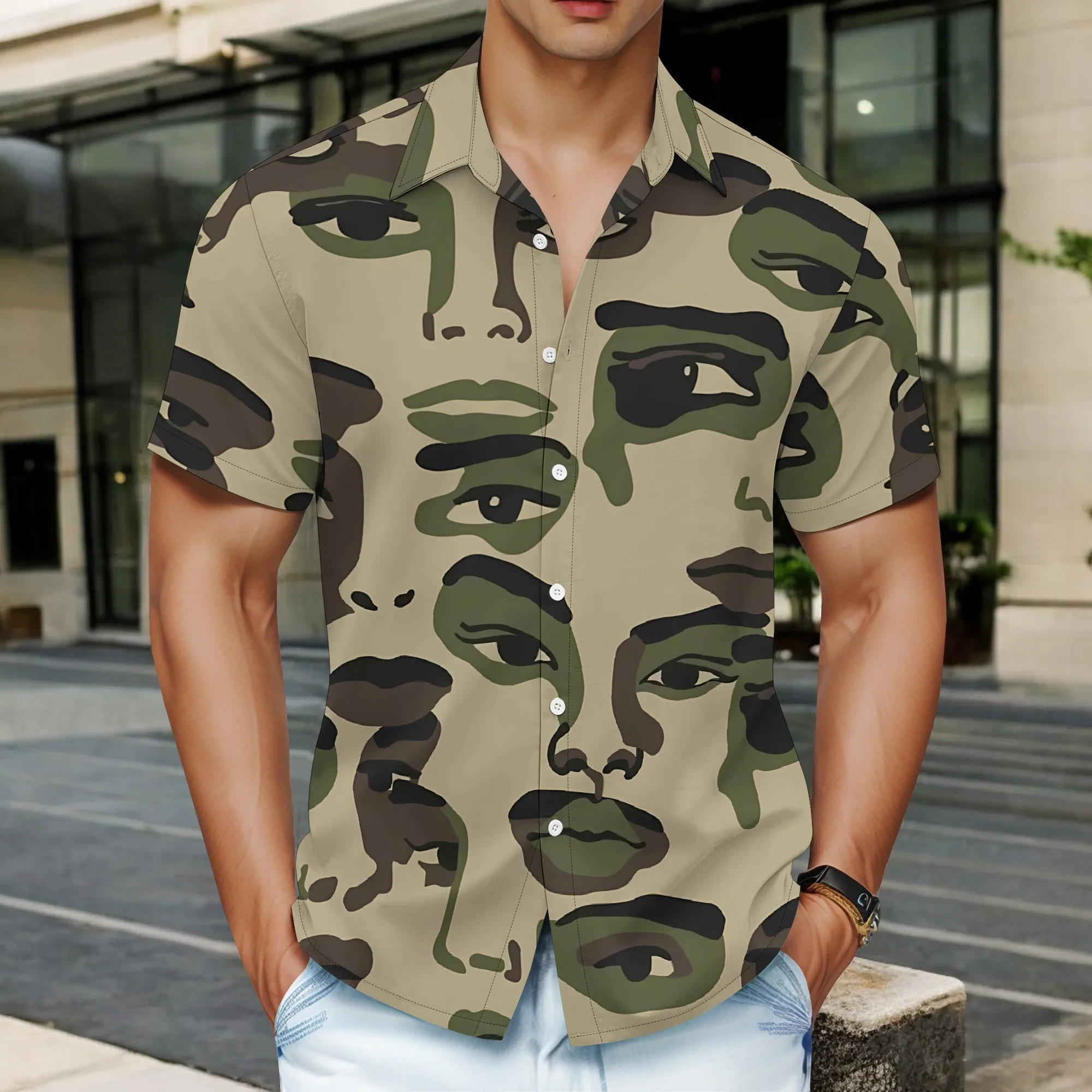 

YEAE Abstract Face Camo Pattern Shirt for Men Summer Casual Short Sleeve Top