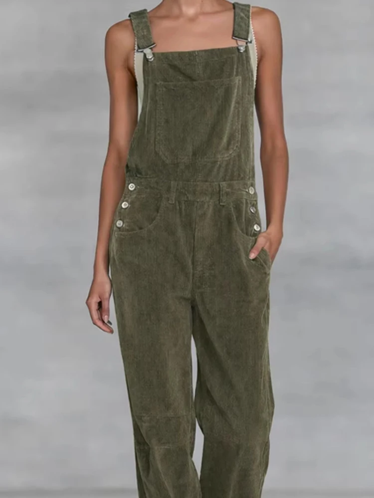 

Женский повседневный комбинезон с карманами на подтяжках, элегантный длинный комбинезон с регулируемыми бретелями, модный вельветовый комбинезон без рукавов с открытыми плечами