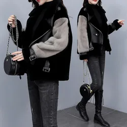 2024 New Women's Winter Korean Edition Faux Fur Fur Coat Women Short PU Leather Spliced Fur Coats Female Warm Zipper Outwear Top