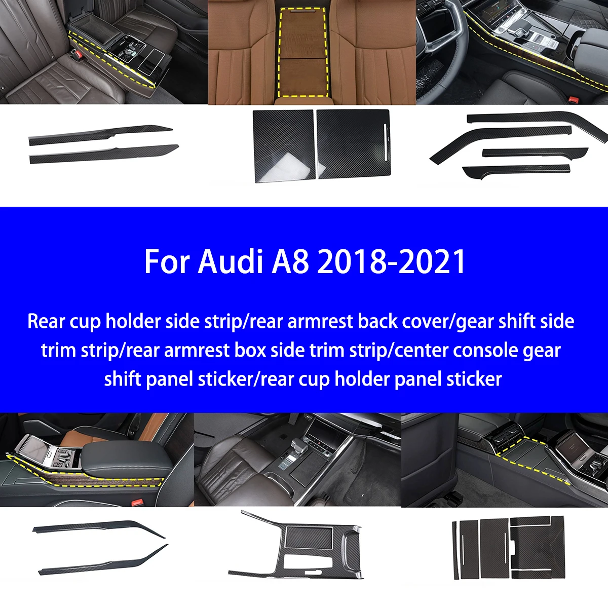 

Подходит для Audi A8 2018-2021, сухой задний держатель для чашки из углеродного волокна, боковая полоса/подлокотник, задняя крышка/панель переключения передач, внутренние детали