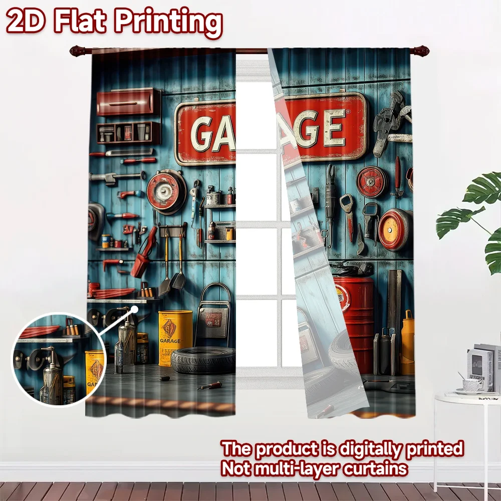 2D flat 2pcs Curtain Country Style Vintage Garage Tool Wall Digitally printed polyester, colorfast Family Party Decoration