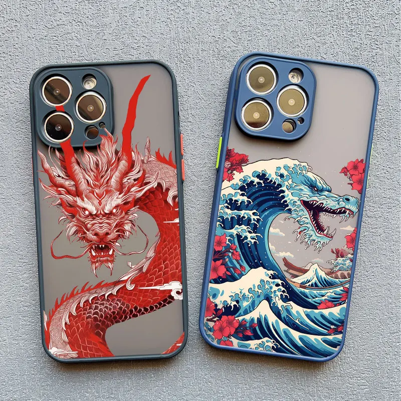 Luxury Fashion East Dragon Phone Case For iPhone 14 15 16 Pro Max Plus 11 12 13 Mini Pro Max XR XS X 7 8 Plus Sea Wave INS Cover