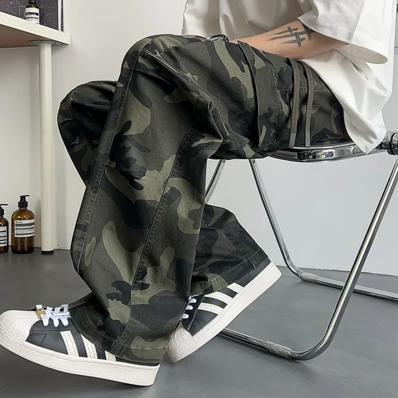 

Мужские повседневные камуфляжные брюки, летняя рабочая одежда, свободные широкие брюки прямого кроя с несколькими карманами, универсальные брюки со средней и низкой талией