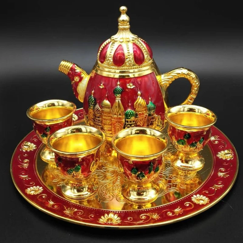 Russian Classic Tea Set, European Tea Set Metal Alloy Sets Teapot Craft Decoration Home Decoration Teaware Sets