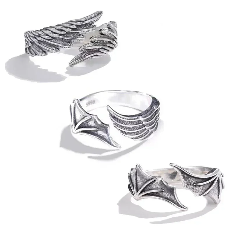 Vintage Angel Demon Wings Hip Hop Adjustable Couples Rings for Men Women Silver Color Retro Punk Jewelry Gift