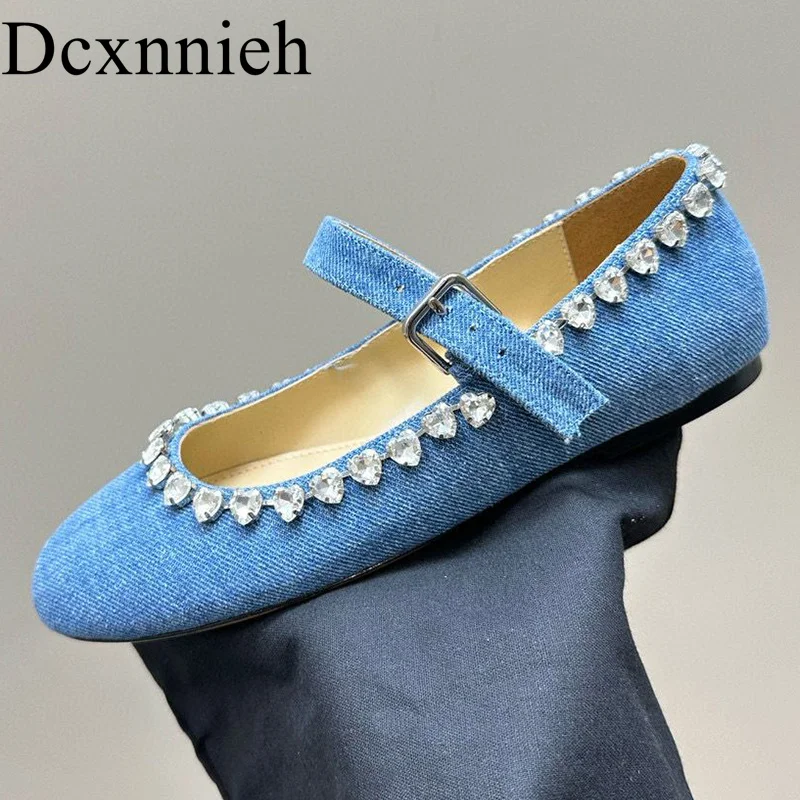 

Autumn Women's Crystal Decorative Soft Leather Loafers Lightweight and Cute Solid Denim Ballet Shoes Comfortable Flat Shoes