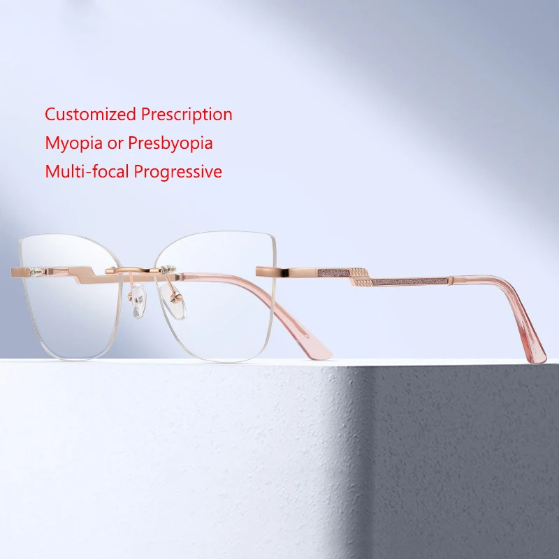 

Customized Prescription Glasses Women Rimless Multi-Focal Progressive Photochromic Anti-Blue Light Myopia Hyperopia Eyeglasses