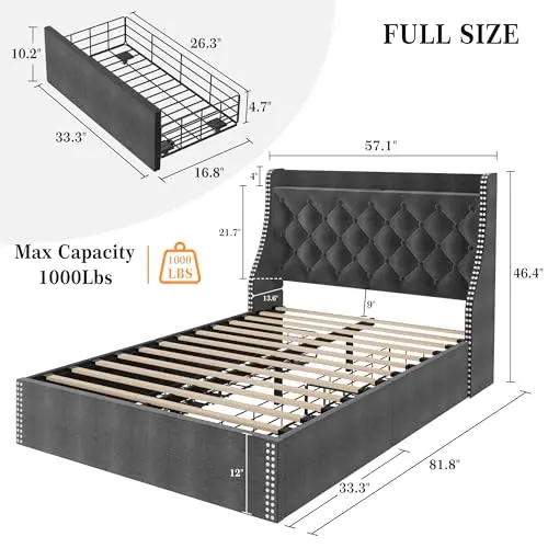 Upholstered Full Bed Frame with 4 Storage Drawers, Wingback Headboard with Charging Station, Diamond Stitched Button Tufted