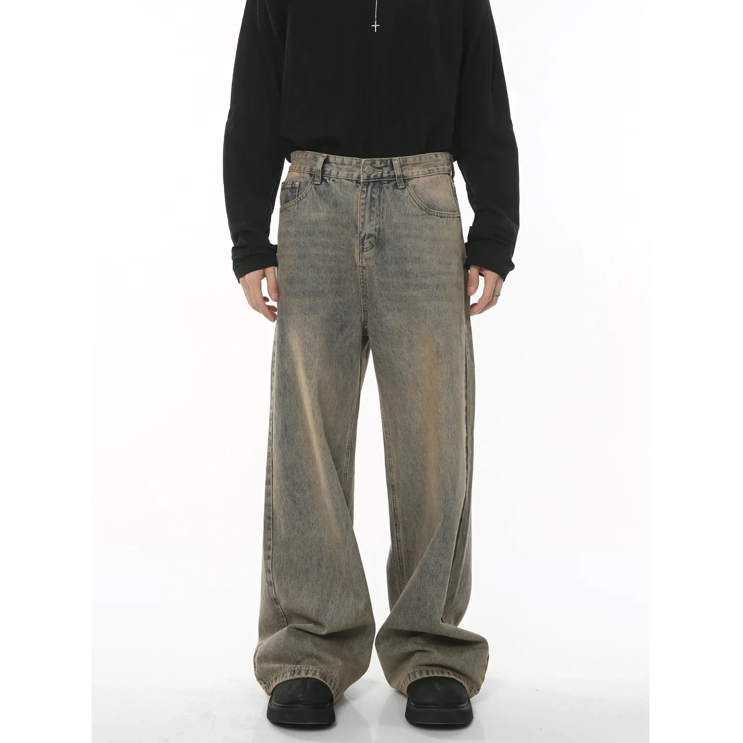 

Distressed Wide Leg Men Jeans Vintage Full Length Pants High Waist Washed Denim Jean Spliced Pockets Loose Fit Zipper Fly Man