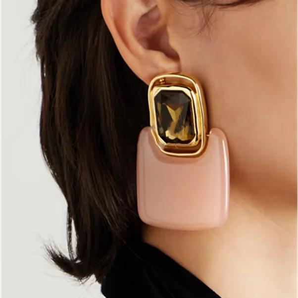 

Fashion Top Quality Pink Yellow Acrylic Square Crystal Earrings Ear Clip Woman Designer Jewelry Trend