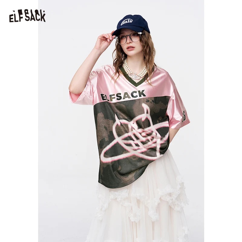 

ELFSACK Oversized Colorblock Jersey T-Shirt, Mesh & Satin Patchwork Tee , Sporty Streetwear Top for Women