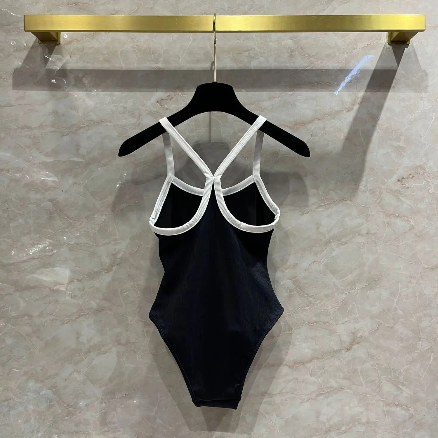 Logo Micro-Label Black and White Contrast Suspender Jumpsuit Threaded Knit Sling One-Piece Sling Backless Beach Resort Swimsuit