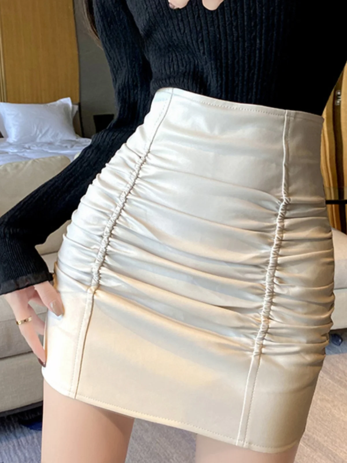 

Spring 2025 Faion Pleated Leather Skirt High Waist Slimming A-Line Wrap Women's Skirts Korean Sle Commute Skirts