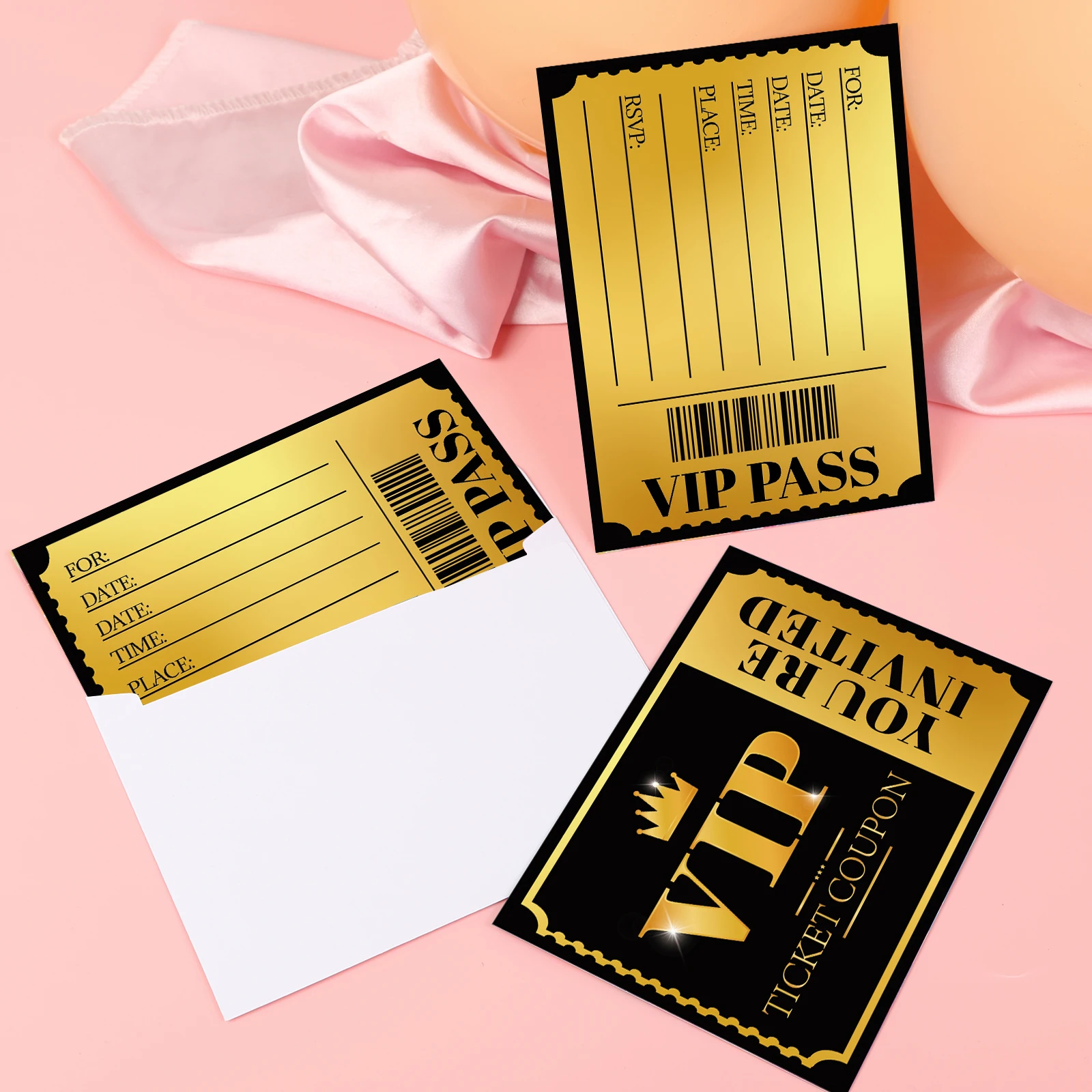20 VIP party invitations, double-sided gold and silver, themed birthday celebration invitation cards, paper tickets for various view 3