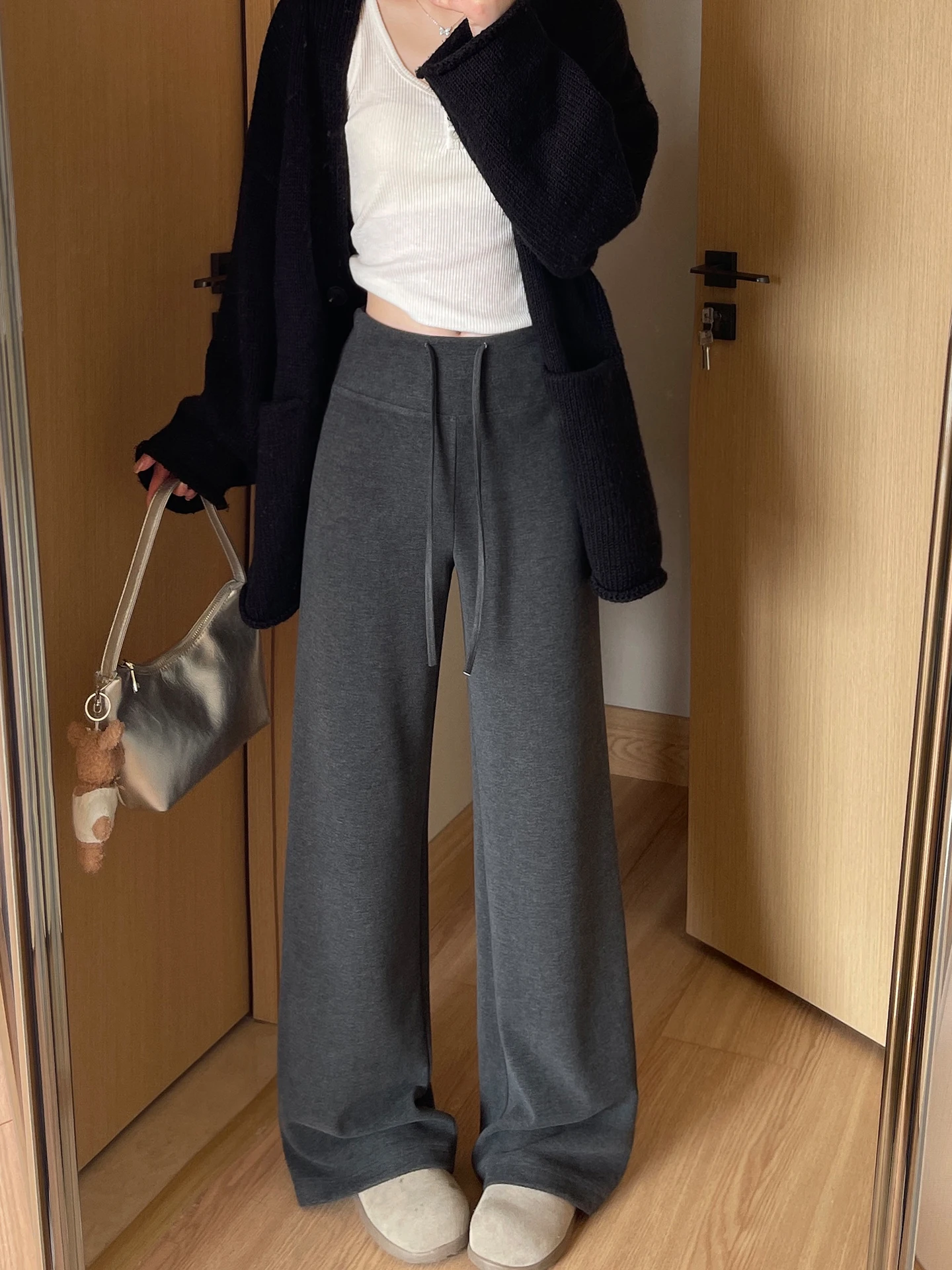 ارتفاع الخصر الصوف بنطال ذو قصة أرجل واسعة المرأة اليوغا بنطال رياضي Bla التخسيس مستقيم قطع سراويل تقليدية خريف شتاء جديد Sle