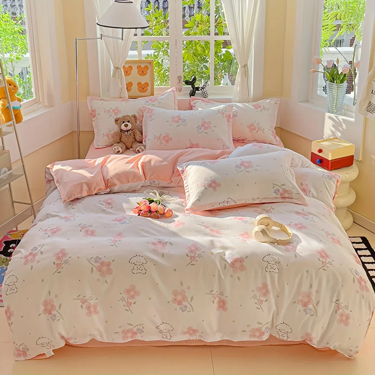 4Pcs Soft Plain Floral Plant Printed Quilt Cover Set Includes 1 Duvet Cover 2 Pillowcases 1 Flat Sheet No Core Zipper Closure Be