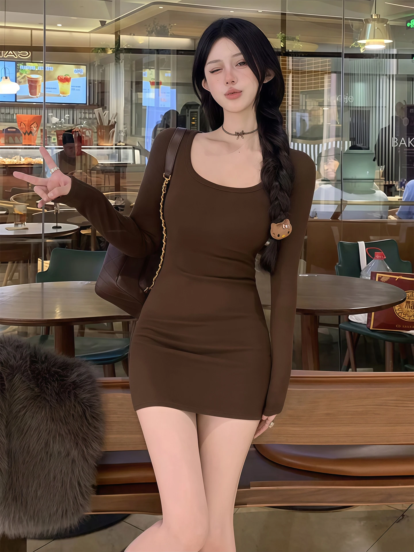 

Сексуальное облегающее боди с U-образным вырезом и длинным рукавом для женщин, базовый слой для повседневной носки, средней плотности, с S-образным силуэтом