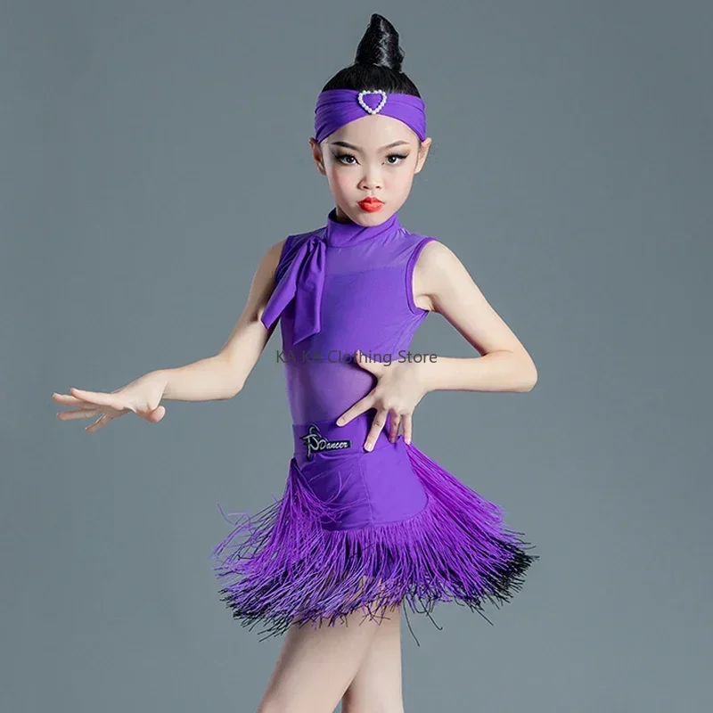 Child Latin Dance Dress Girls Cha Cha Dance Costume Fringe Dress Purple Kids Latin Competition Dress Samba Practice Wear