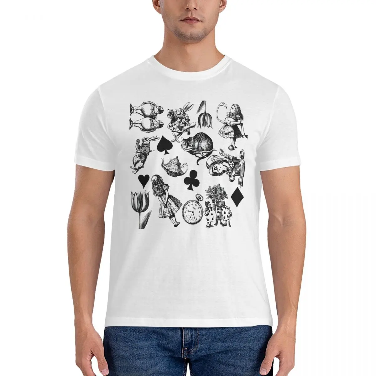 White Rabbit Mad Hatter T Shirt Alices In The Wonderland Pure Cotton Clothing Cool Short Sleeve Round Collar Tees Party T-Shirt