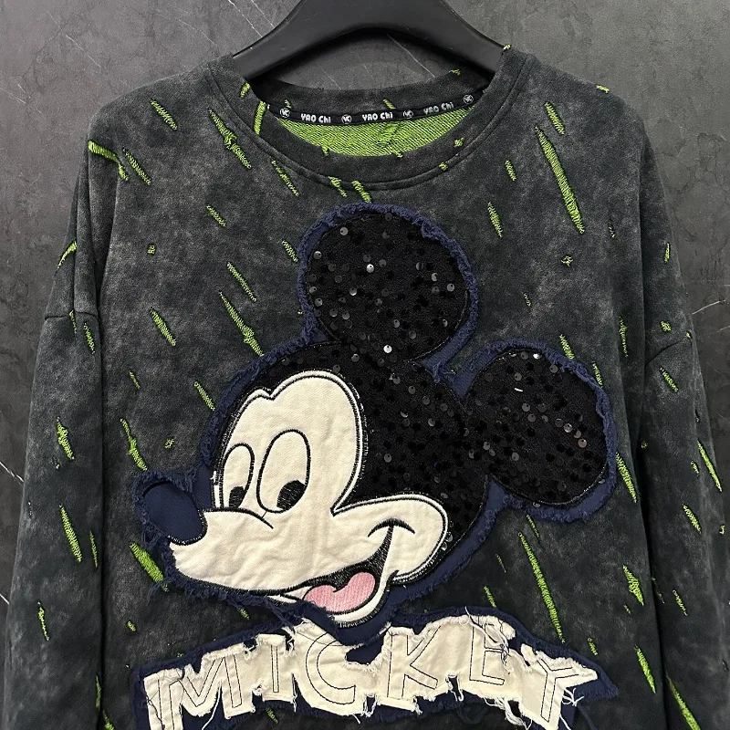 2025 Autumn Heavy Industry New Style Y2k Hoodies Ripped Cartoon Patch Embroidery Crew Neck Sweatshirt For Women Loose Casual Top
