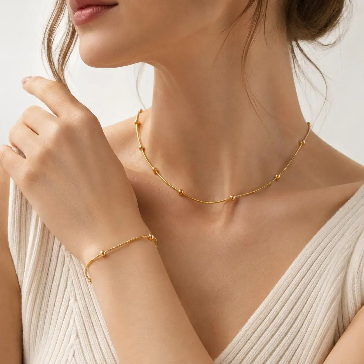 Waterproof Stainless Steel Ball Bead Snake Chain Bracelet, 18K Gold Plated Adjustable Minimalist Dainty Stackable Hand Jewelry