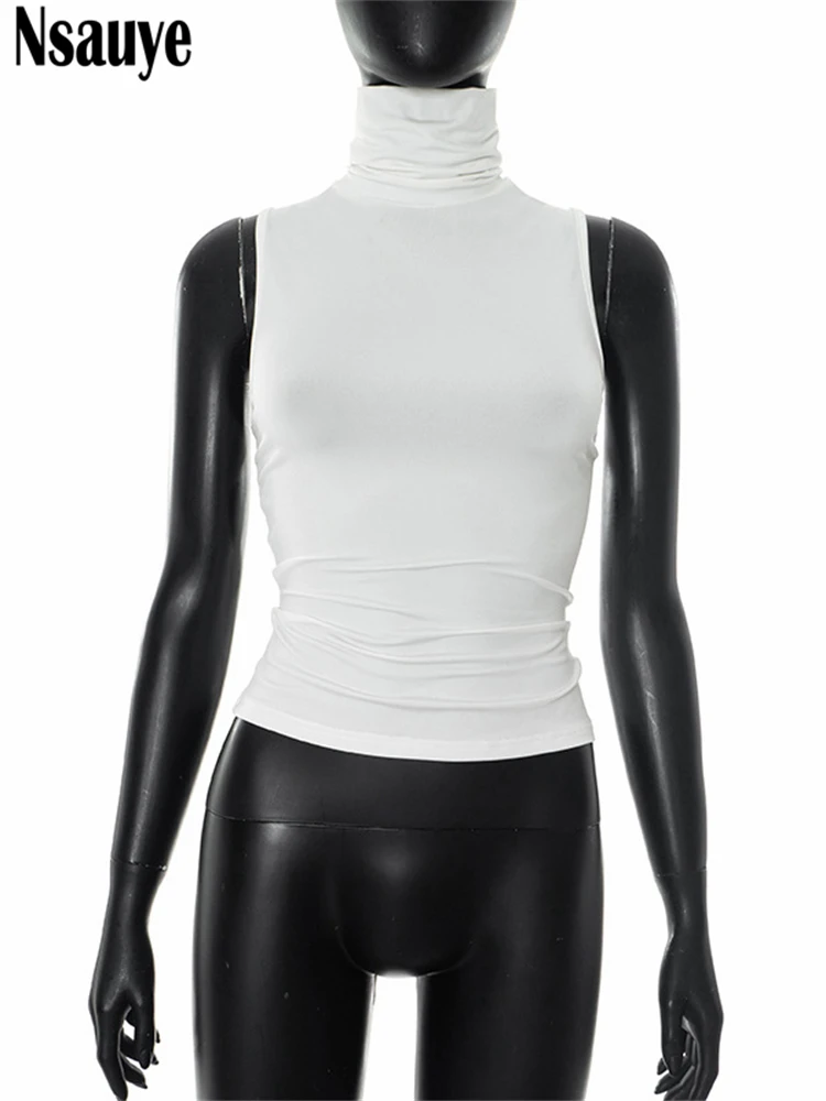 Nsauye casual sólido branco feminino colete básico t camisa regata gola alta y2k roupas de verão magro mini 2025 clube sexy colheita topos