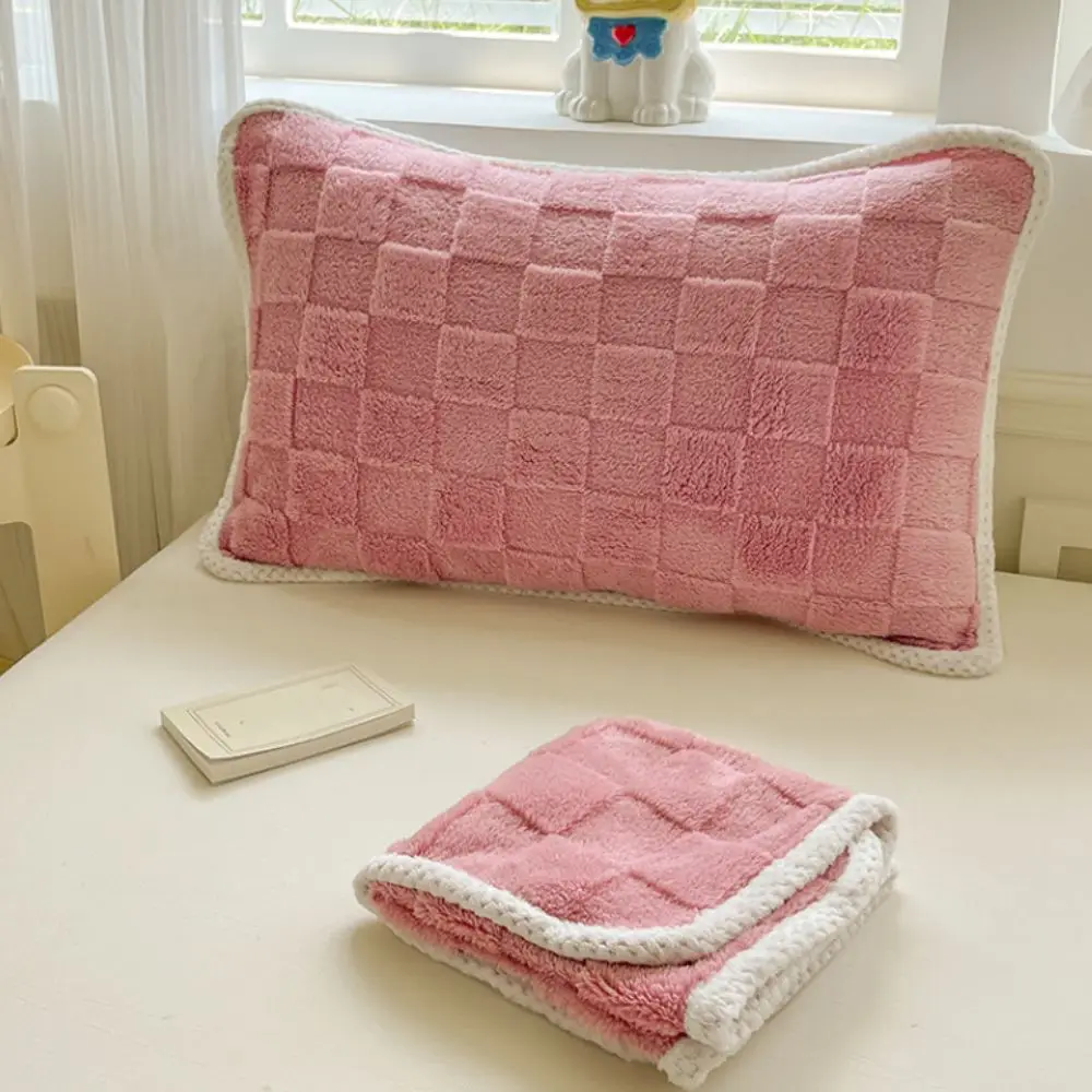 

2 pieces Household Coral Fleece Grid Jacquard Pillowcases Elastic Strap Washable Pillow Towel Thickened Pillow Cover Dormitory
