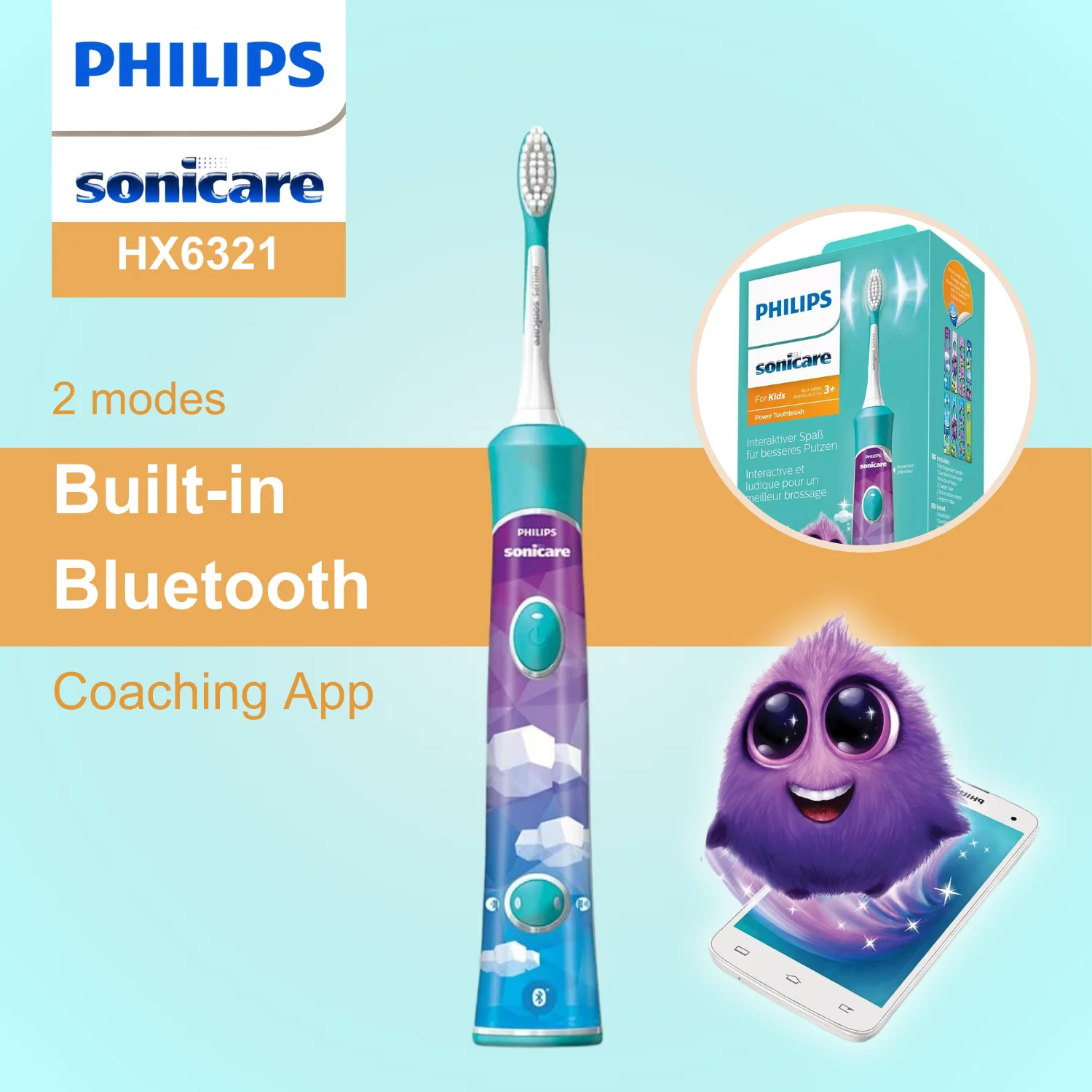 

Электрическая зубная щетка Philips Sonicare для детей HX6321, встроенный Bluetooth, приложение для обучения, 2 насадки, 2 режима