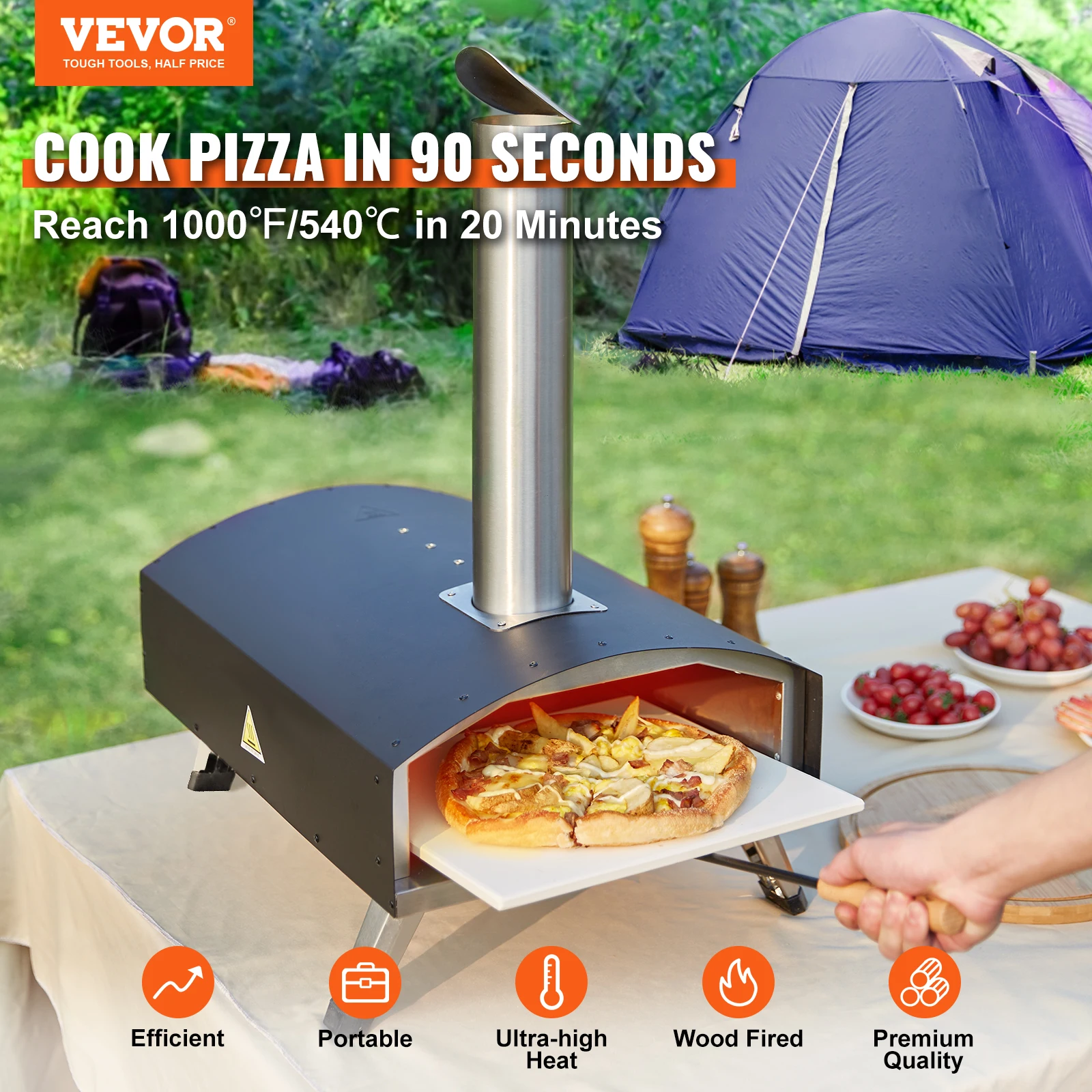 VEVOR Outdoor Pizza Oven 12in Pellet & Charcoal Fired Maker, Portable Outside Stainless Steel Grill for Backyard Party Camping