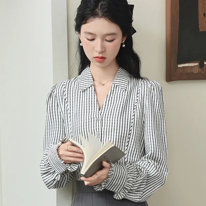 

Винтажные женские блузки, полосатые повседневные рубашки, модная свободная весенне-осенняя одежда, шифоновые женские топы с v-образным вырезом и длинными рукавами