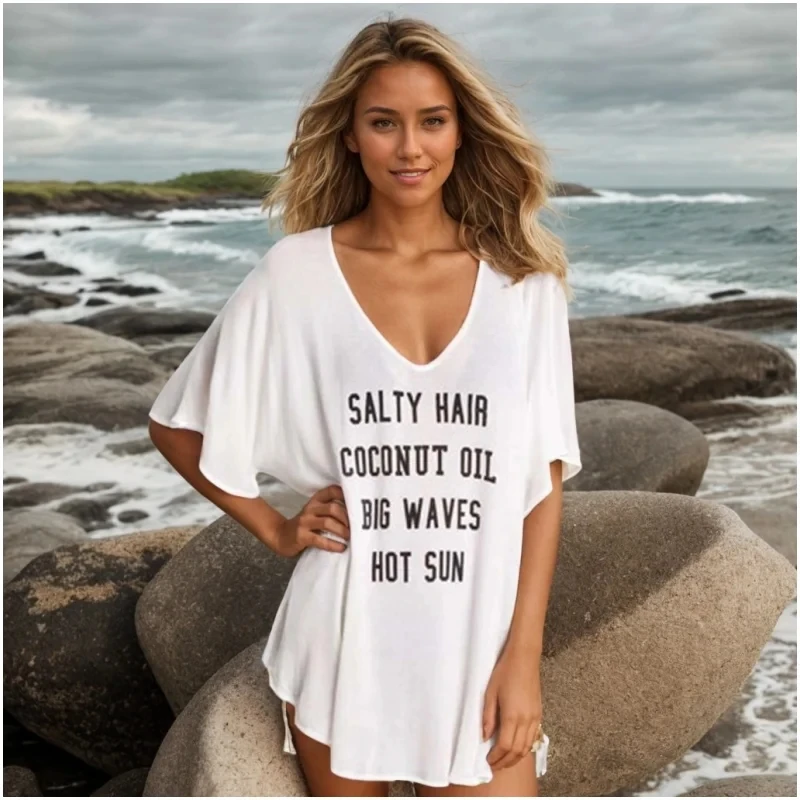 Women's V-Neck Loose Beach Cover Up - Summer T-Shirt Dress Female Clothing Casual Short Sleeve Tops