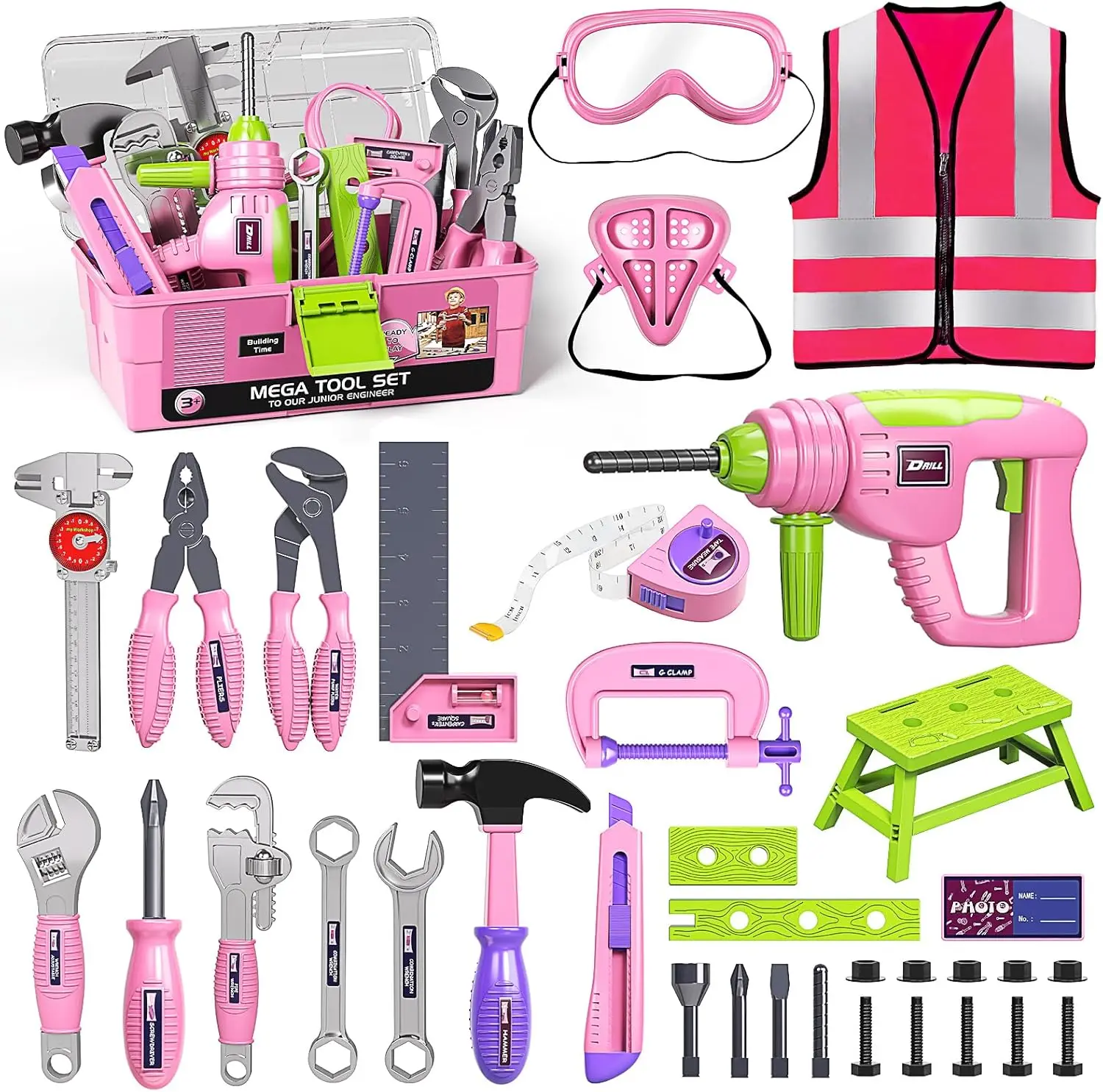 

Pink Kids Tool Set for Girls with Electronic Drill & Costume Vest, STEM Educational Toy for Ages 3-7