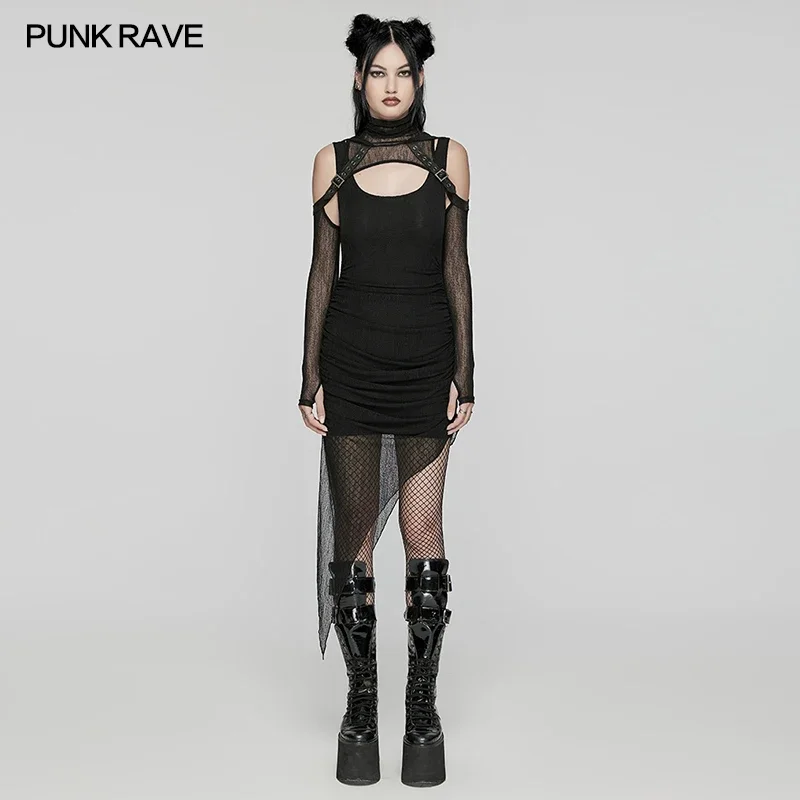 PUNK RAVE Women's Wasteland Hooded Stand Collar Two-piece Dress Cool & Handsome Irregular Hem Dresses 2 Colors Available Dresses