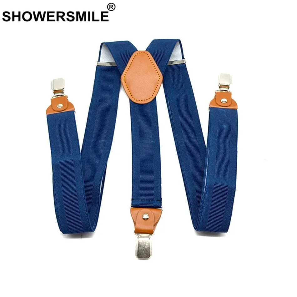 

SHOWERSMILE Navy Suspenders for Pants 3 clips Mens Trouser Belt Elastic Adjustable Braces Adult Wide Strap 120cm Male Suspender