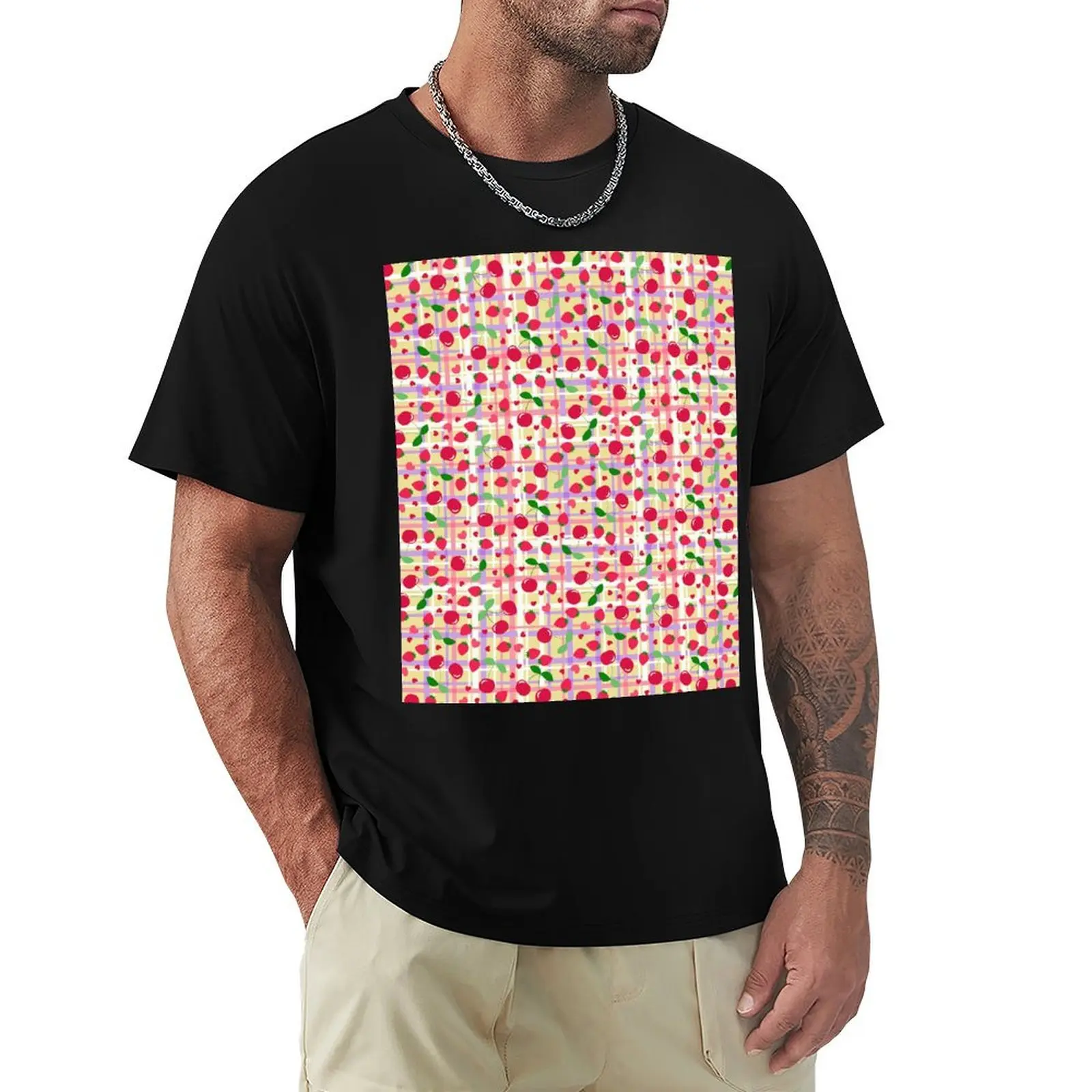 Cherries and hearts with background check. T-Shirt Big and Tall Loose Fit T-Shirt