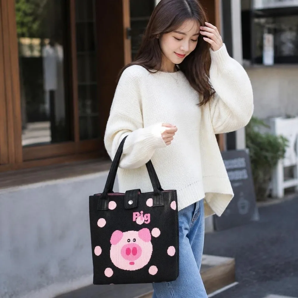 Large Capacity Knitted Bucket Handbag Lightweight Eco-Friendly Cartoon Tote Bag Multifunctional Portable Handheld Bag Casual Use