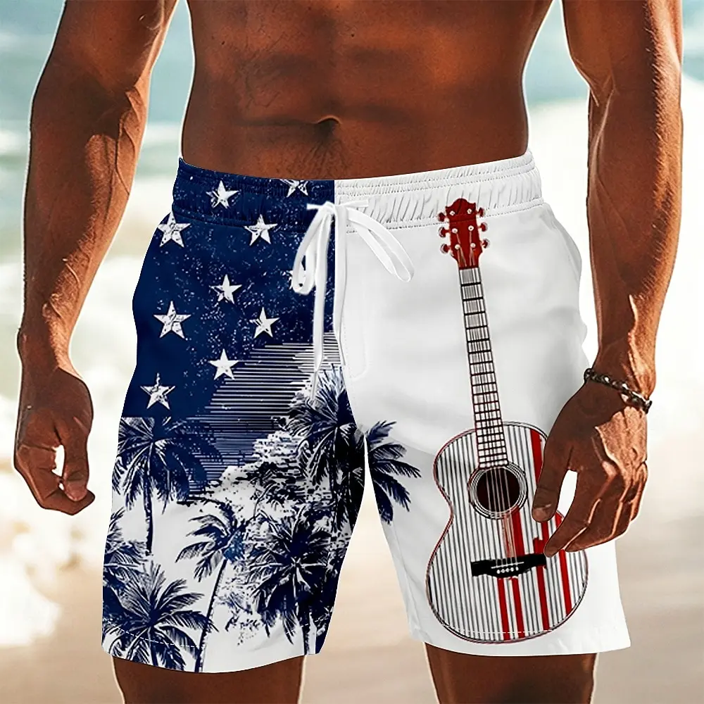 

Men's American Flag Guitar Print Drawstring Shorts, Casual Loose Fit For Spring Summer Daily & Beach Vacation Activities