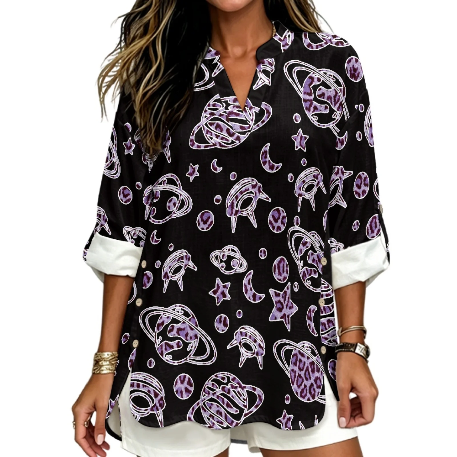 PENSTROLL Planet Star Linen-Like V Neck Loose Fit Tunic Top Side Slit Casual Loose Fit Blouses for Women Sizes S-5XL