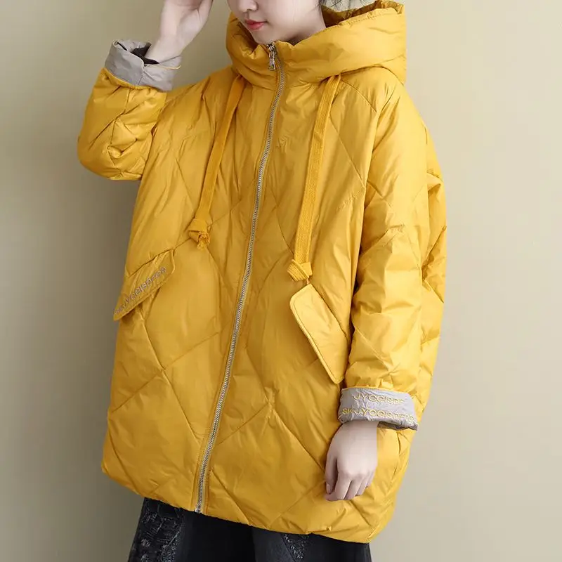 Herbst/Winter Damen Daunenjacke Pendler Hoodie Spleißen Alphabet Weiße Ente Daunenjacke