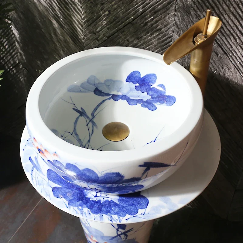 

~Y Blue and white porcelain art sink, ceramic washbasin, floor to ceiling sink, vertical sink