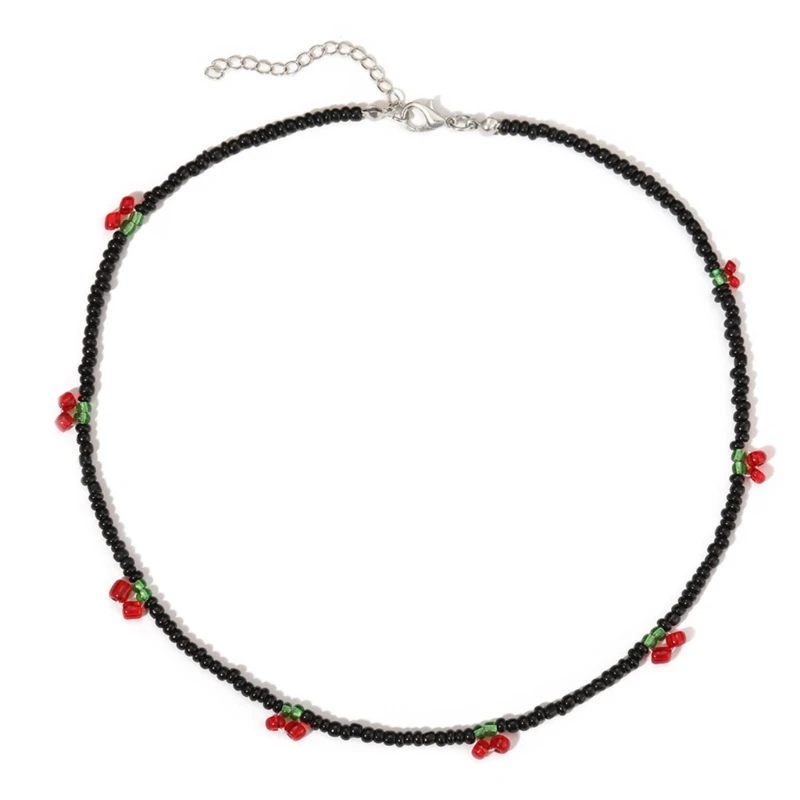 Böhmische Perlen-Halskette mit roten Kirschen für Frauen, niedliche handgemachte Früchte, Samenperlen, transparente Halsketten, Boho-Schmuck – Detail 3