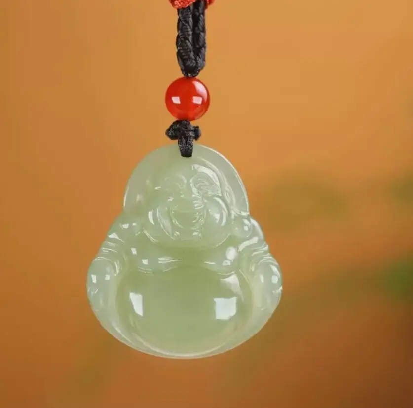 Chinese Natural HeTian Green Jade jadeite Hand-Carved pendant Maitreya Buddha