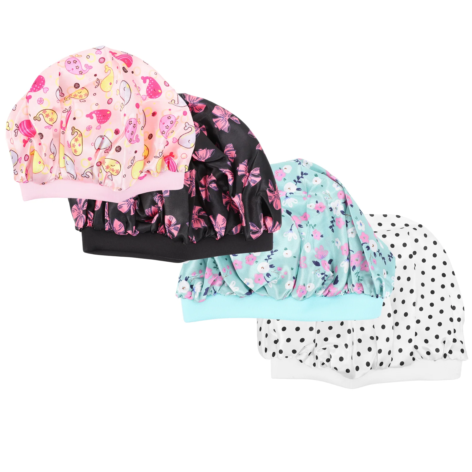 4 Pcs Children's Satin Kid Polyester Nightcaps for Kids Printed Hats Sleeping Baby Shower Bath