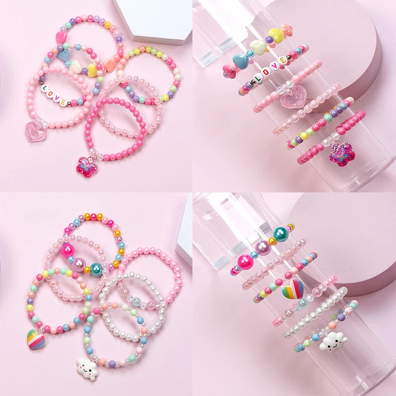 6Pcs/Set Colorful Acrylic Beaded Bracelet Party Bracelets Heart Candy Color Beads Children Beads Bracelets Set For Girls Gift